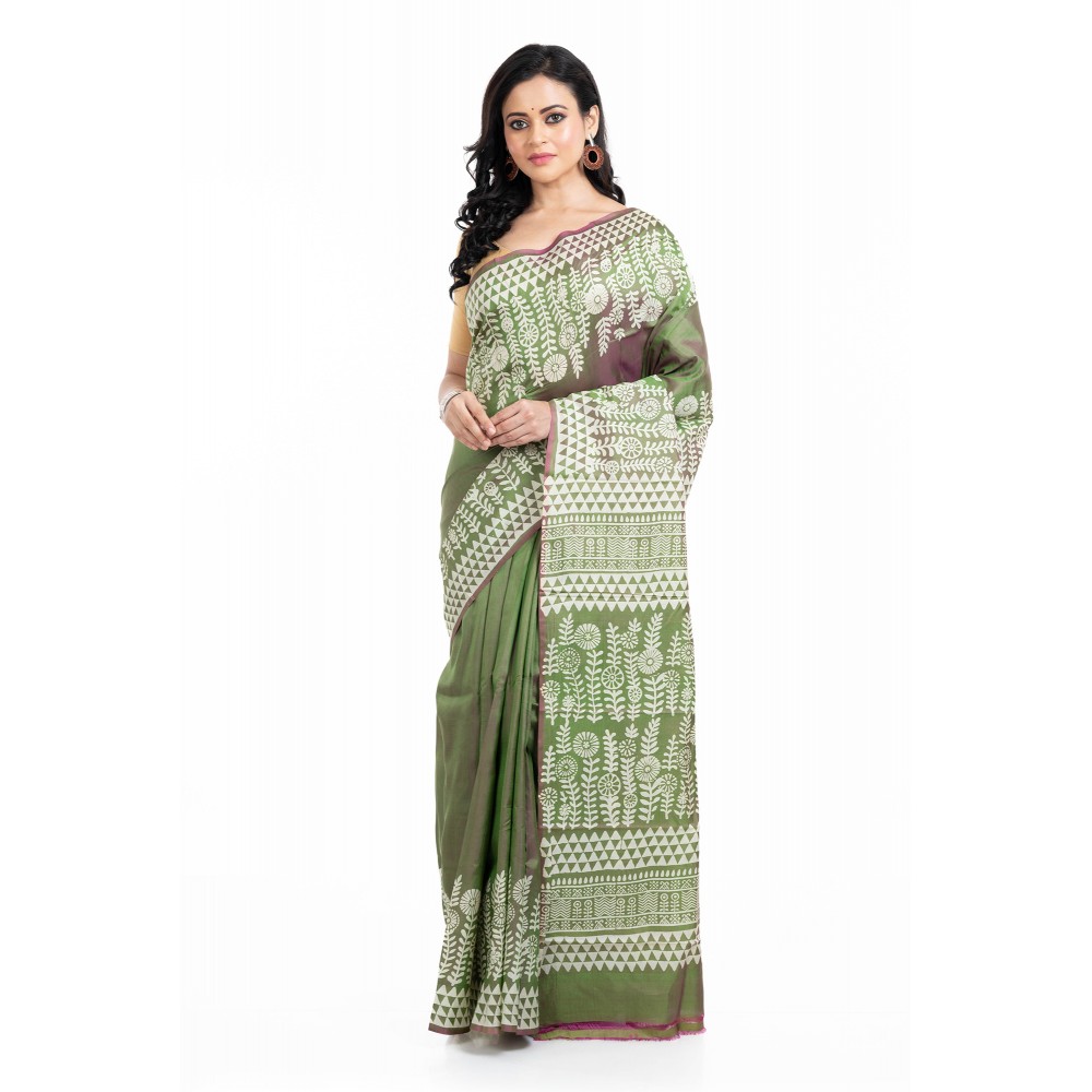 Tantuja Handloom Block Print Katan Silk Saree