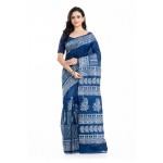 Tantuja Bengal Handloom Royal Indigo Blue Hand Block Printed Pure Silk Saree