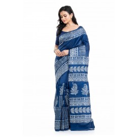 Tantuja Bengal Handloom Royal Indigo Blue Hand Block Printed Pure Silk Saree