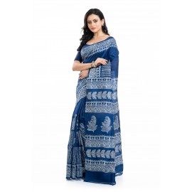 Tantuja Bengal Handloom Royal Indigo Blue Hand Block Printed Pure Silk Saree