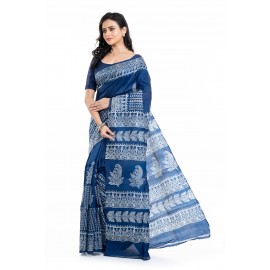 Tantuja Bengal Handloom Royal Indigo Blue Hand Block Printed Pure Silk Saree