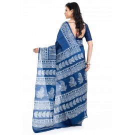Tantuja Bengal Handloom Royal Indigo Blue Hand Block Printed Pure Silk Saree