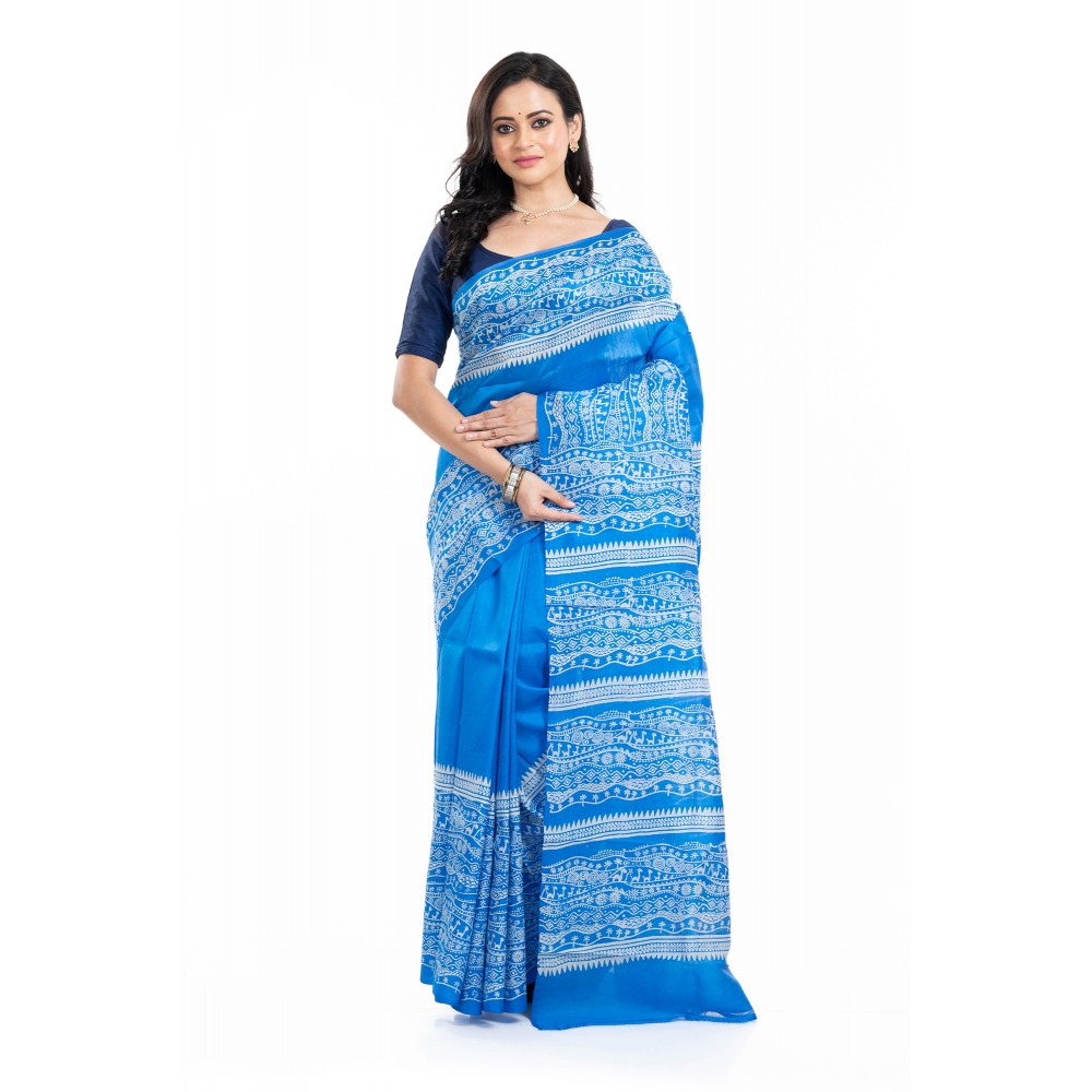 Tantuja Cerulean Blue Hand Block Printed Pure Katan Silk Saree