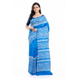 Tantuja Cerulean Blue Hand Block Printed Pure Katan Silk Saree