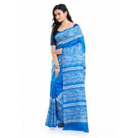Tantuja Cerulean Blue Hand Block Printed Pure Katan Silk Saree