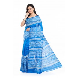 Tantuja Cerulean Blue Hand Block Printed Pure Katan Silk Saree