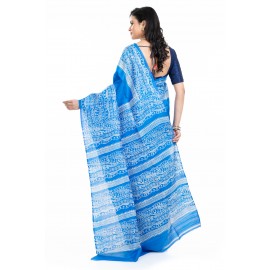 Tantuja Cerulean Blue Hand Block Printed Pure Katan Silk Saree