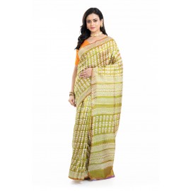 Tantuja Olive Green Hand Block Printed Katan Silk Saree