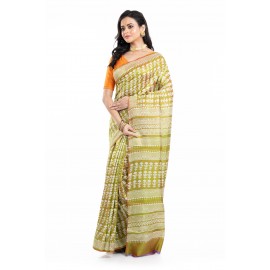 Tantuja Olive Green Hand Block Printed Katan Silk Saree