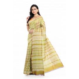 Tantuja Olive Green Hand Block Printed Katan Silk Saree