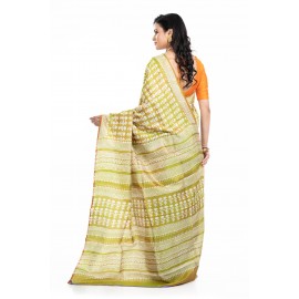 Tantuja Olive Green Hand Block Printed Katan Silk Saree