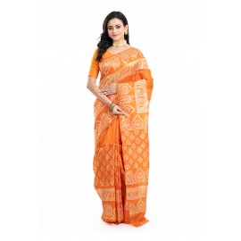 Tantuja Ochre Orange Hand Block Printed Pure Silk Saree