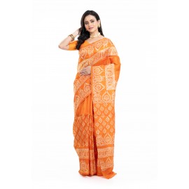 Tantuja Ochre Orange Hand Block Printed Pure Silk Saree