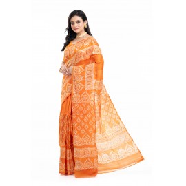Tantuja Ochre Orange Hand Block Printed Pure Silk Saree