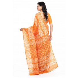 Tantuja Ochre Orange Hand Block Printed Pure Silk Saree