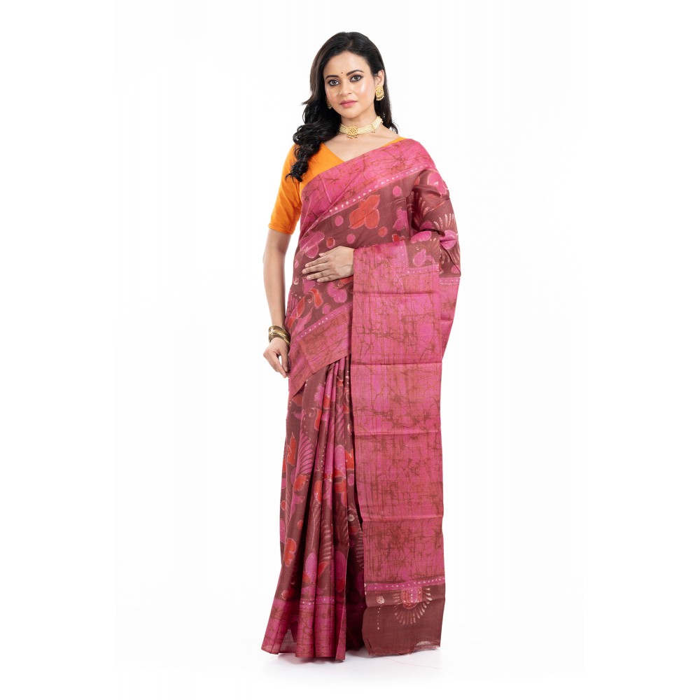 Tantuja Magenta and Earthy Brown Hand Batik Tassar Silk Saree