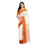 Tantuja Off-White and Rust Orange Garad Korial Silk Saree