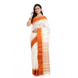 Tantuja Off-White and Rust Orange Garad Korial Silk Saree
