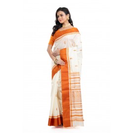 Tantuja Off-White and Rust Orange Garad Korial Silk Saree
