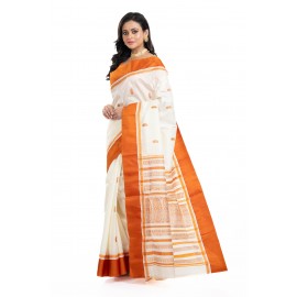 Tantuja Off-White and Rust Orange Garad Korial Silk Saree