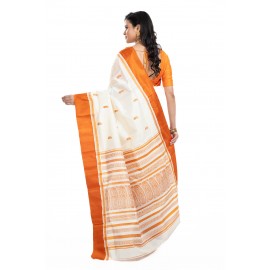 Tantuja Off-White and Rust Orange Garad Korial Silk Saree