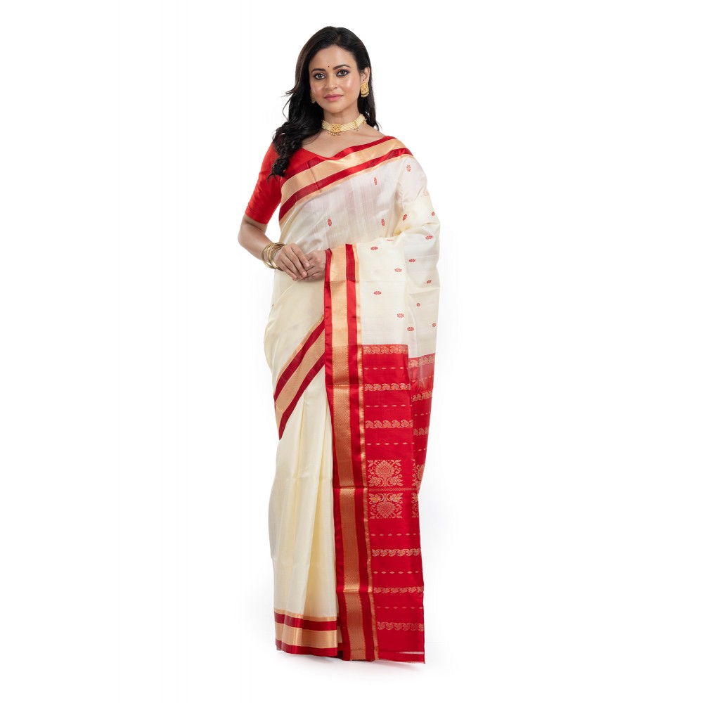 Tantuja Off-White and Red Garad Kanjivaram Silk Saree