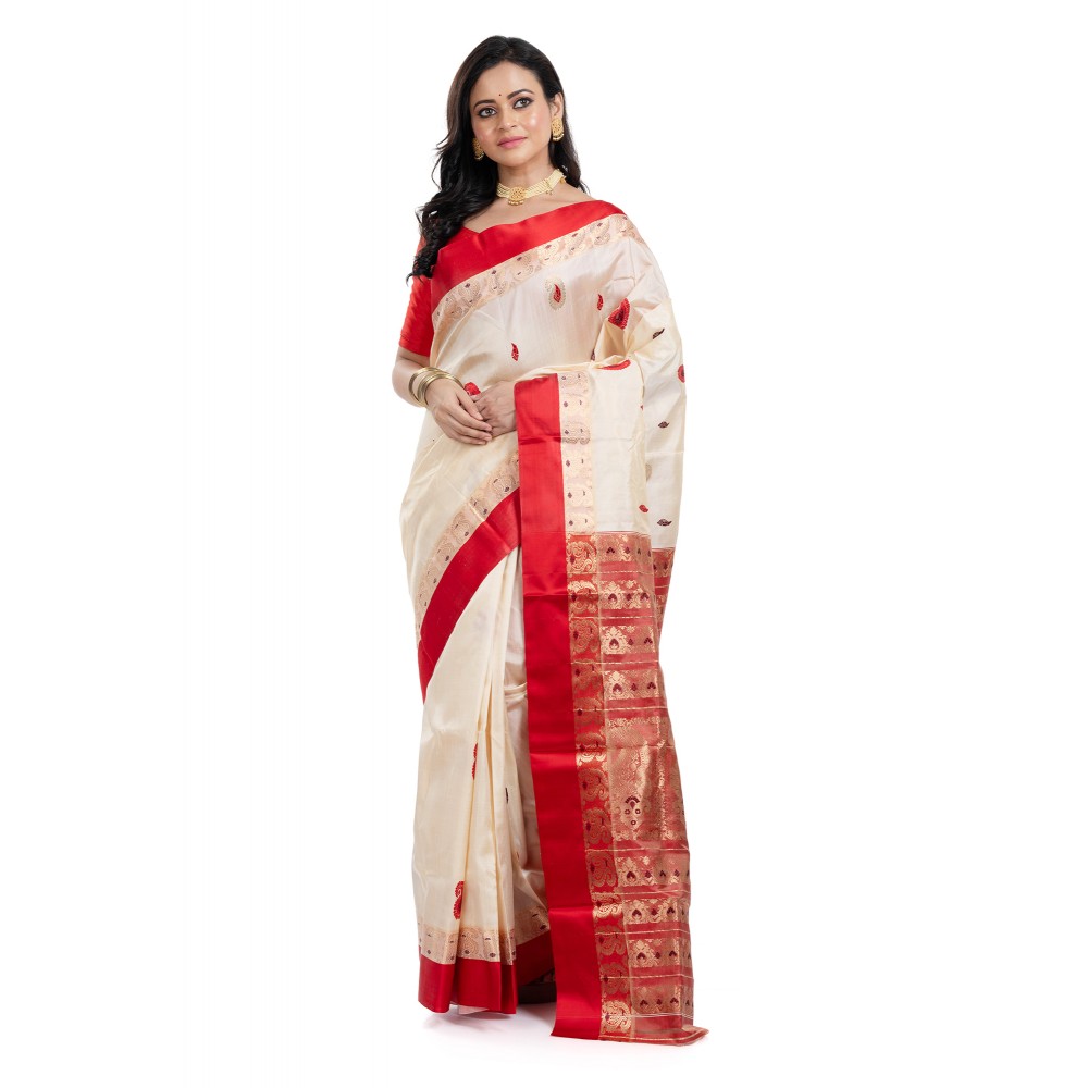 Tantuja Off-White and Red Double Jacquard Garad Silk Saree