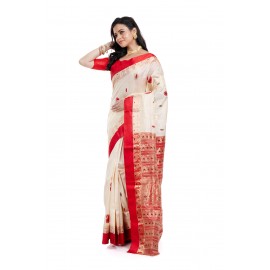 Tantuja Off-White and Red Double Jacquard Garad Silk Saree