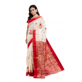 Tantuja Off-White and Red Double Jacquard Garad Silk Saree