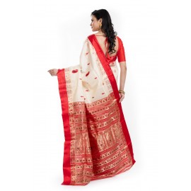 Tantuja Off-White and Red Double Jacquard Garad Silk Saree