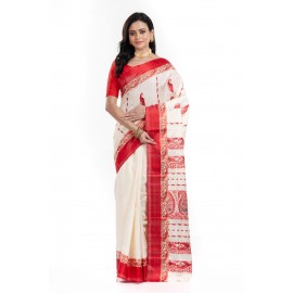 Tantuja Off-White and Red Double Jacquard Garad Silk Saree (Ornate Pallu Edition)