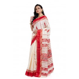 Tantuja Off-White and Red Double Jacquard Garad Silk Saree (Ornate Pallu Edition)