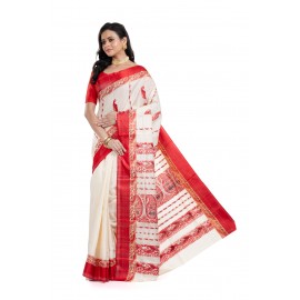 Tantuja Off-White and Red Double Jacquard Garad Silk Saree (Ornate Pallu Edition)