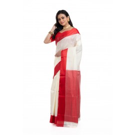 Tantuja Off-White and Red Plain Garad Silk Saree