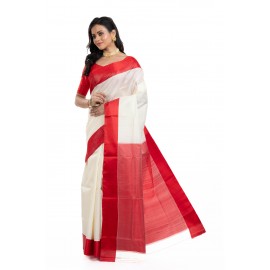 Tantuja Off-White and Red Plain Garad Silk Saree