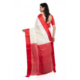 Tantuja Off-White and Red Plain Garad Silk Saree