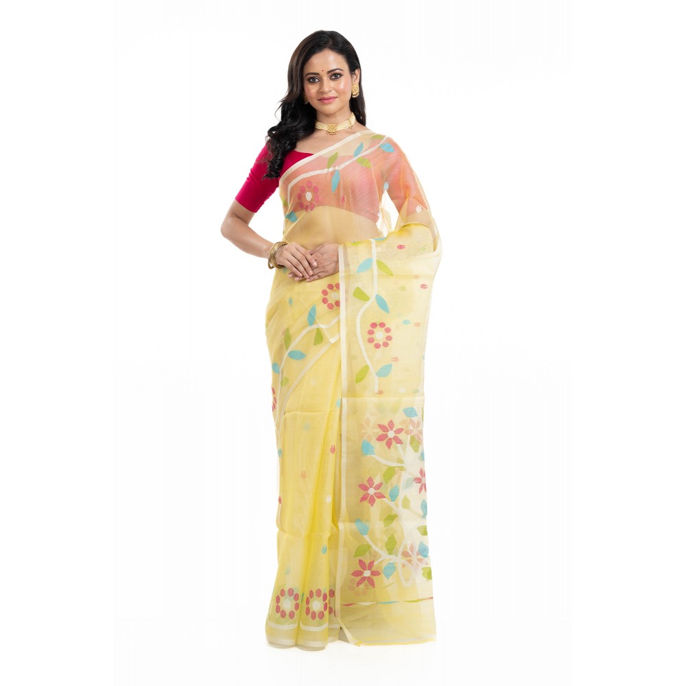 Tantuja Pastel Yellow Muslin Jamdani Silk Saree
