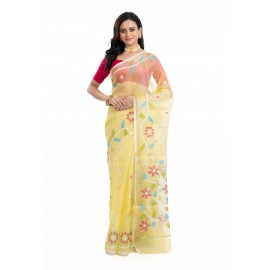 Tantuja Pastel Yellow Muslin Jamdani Silk Saree