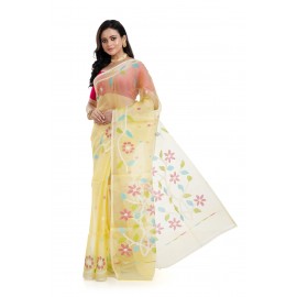 Tantuja Pastel Yellow Muslin Jamdani Silk Saree