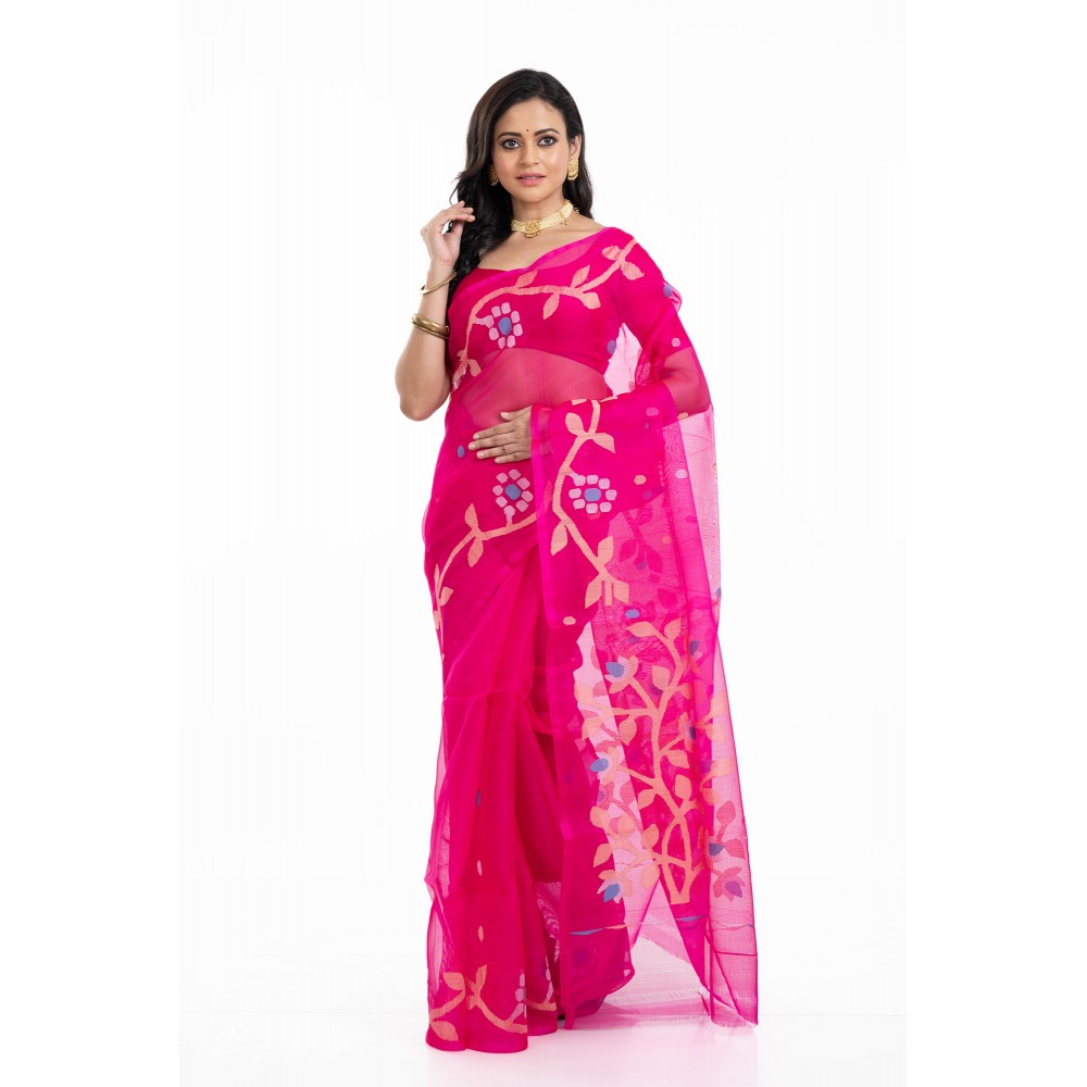 Tantuja Royal Rani Pink Muslin Silk Jamdani Saree