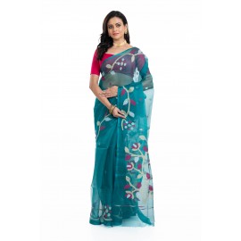 Tantuja Deep Teal Blue Muslin Silk Jamdani Saree