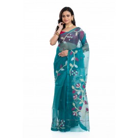 Tantuja Deep Teal Blue Muslin Silk Jamdani Saree