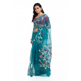 Tantuja Deep Teal Blue Muslin Silk Jamdani Saree