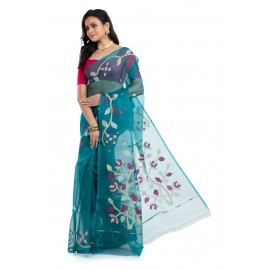 Tantuja Deep Teal Blue Muslin Silk Jamdani Saree