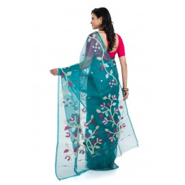 Tantuja Deep Teal Blue Muslin Silk Jamdani Saree