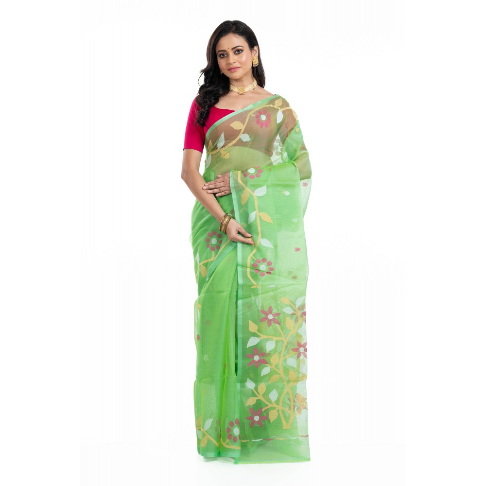 Tantuja Lime Green Muslin Silk Jamdani Saree