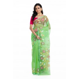 Tantuja Lime Green Muslin Silk Jamdani Saree