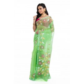 Tantuja Lime Green Muslin Silk Jamdani Saree