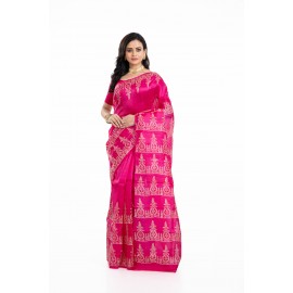  Tantuja Handloom Block Print Katan Silk Saree (Rani Pink)