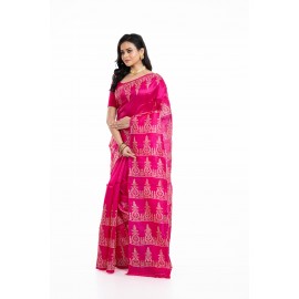  Tantuja Handloom Block Print Katan Silk Saree (Rani Pink)